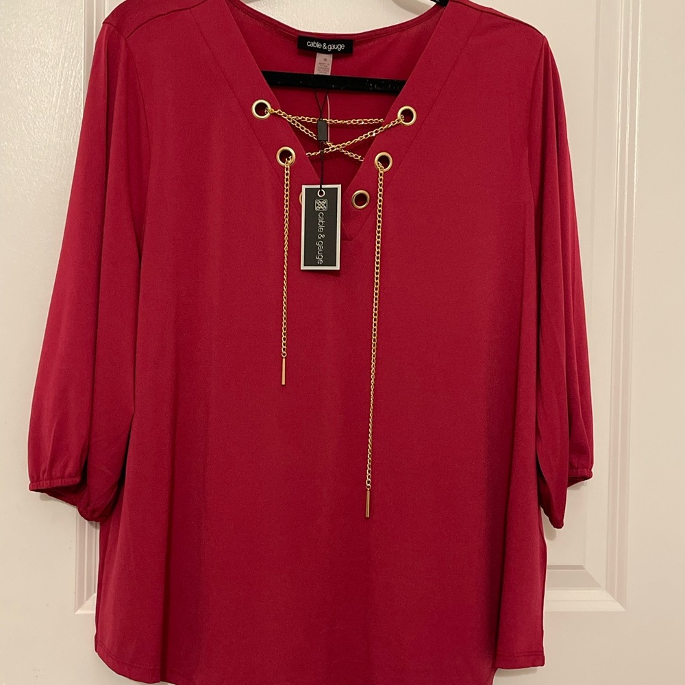 Cable & Gauge Red Tie Front Blouse Relaxed Fit